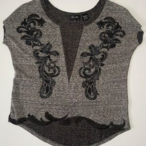 Miss Me Top Womens Small Gray and Black Embroidered Y2K Grunge Goth Indie Sleaze